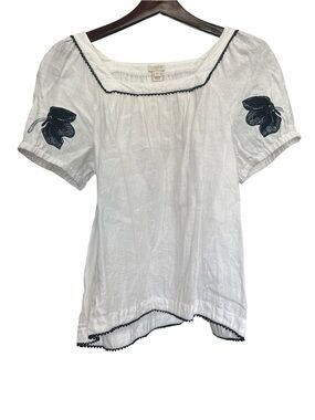 J. Crew White Linen Square-Neck Top with Black Floral Embroidery